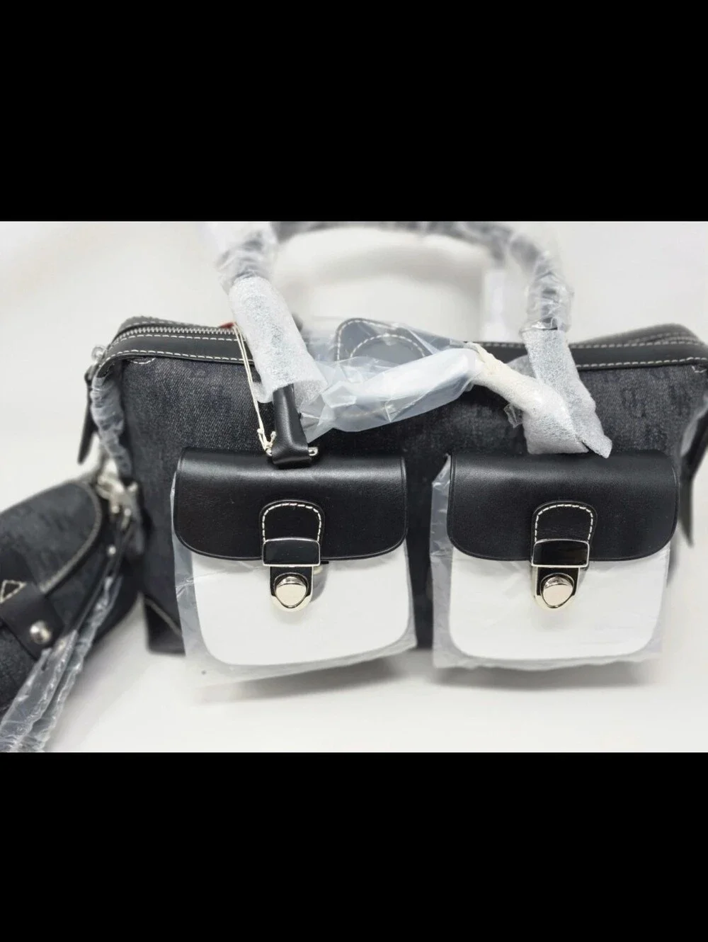 NWT Y2K Dooney & Bourke Black Denim Leather Double Pocket Tote Bag SZ Wristlet